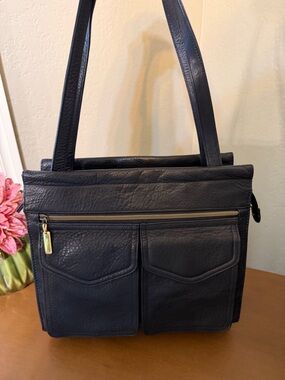 Fossil Vintage Structured Black Leather Shoulder Bag with Front Pockets #75082
